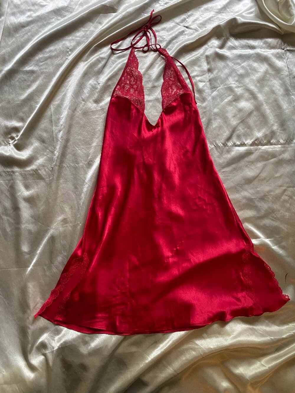 Victoria's Secret Red Satin Lace Halter Corset Back Half Slip Sexy Small